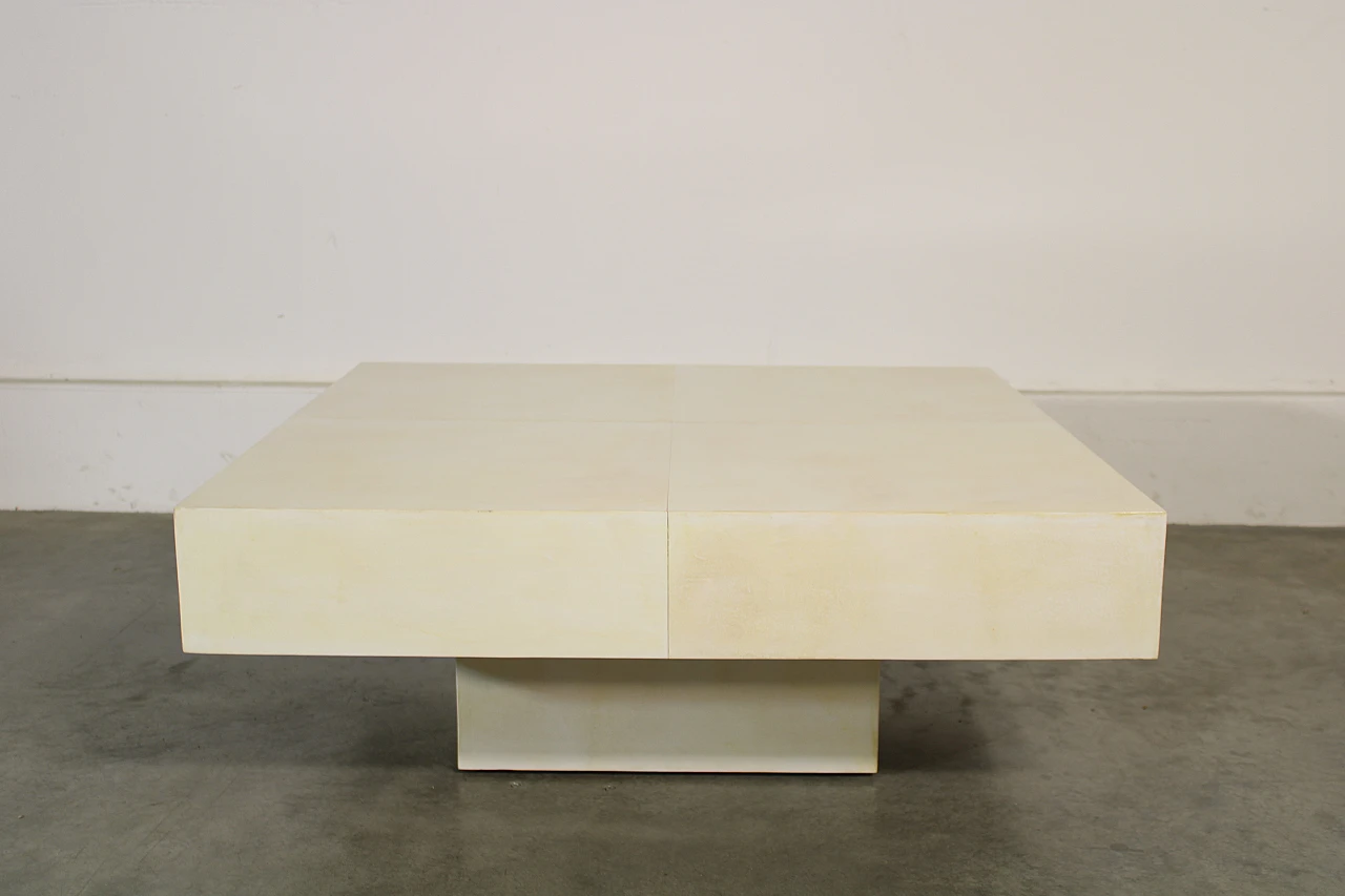 Coffee table in wood and parchment in the style of Aldo Tura, 1970s 1