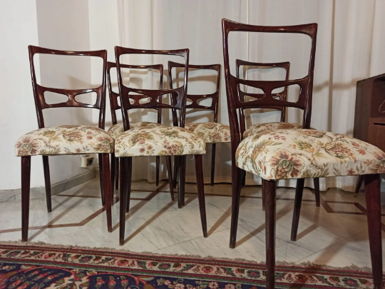 6 Mahogany and floral fabric chairs by Paolo Buffa, 1950s 2