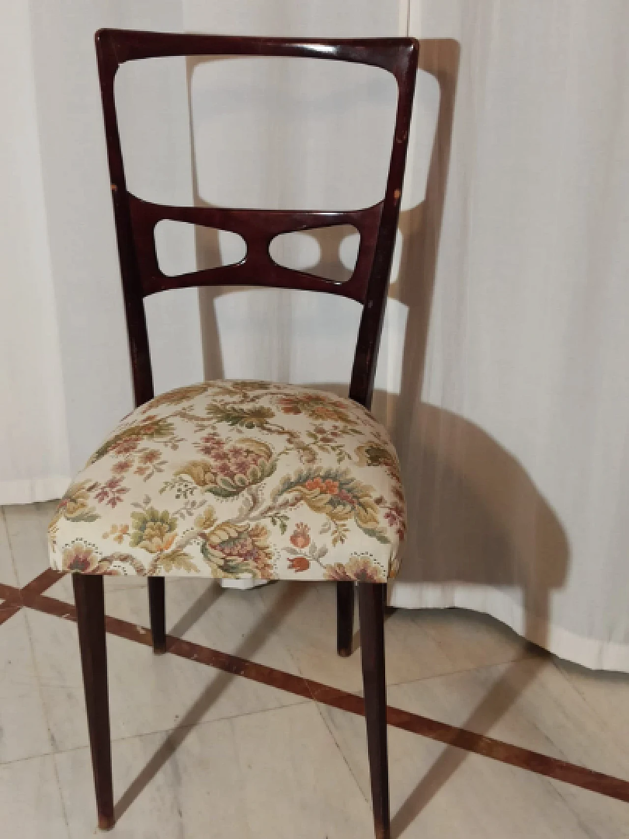6 Mahogany and floral fabric chairs by Paolo Buffa, 1950s 4