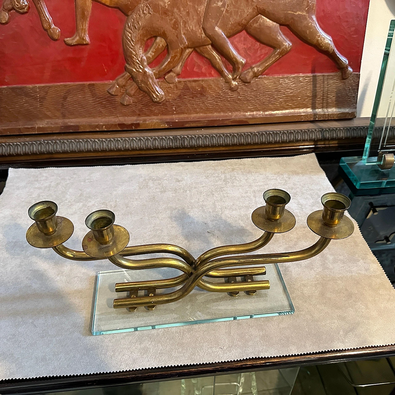 Brass and Nile green glass candelabra, 1950s 2
