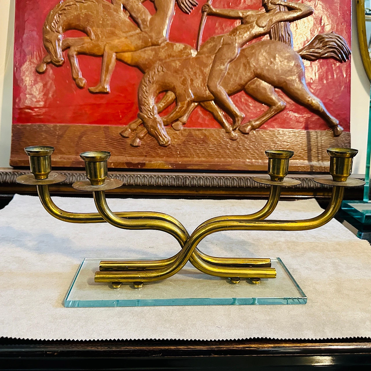 Candelabro in ottone e vetro verde Nilo, anni '50 3