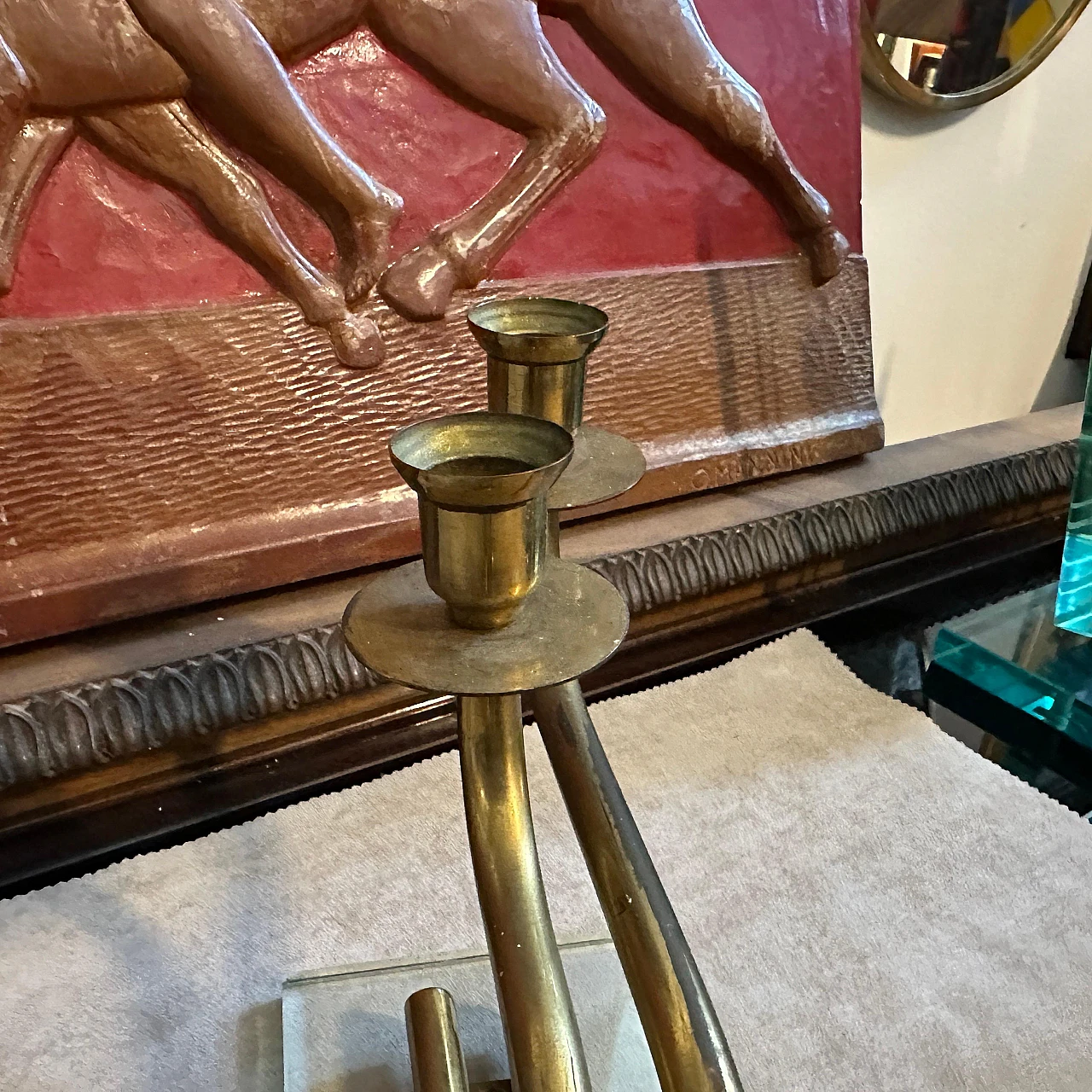 Candelabro in ottone e vetro verde Nilo, anni '50 8