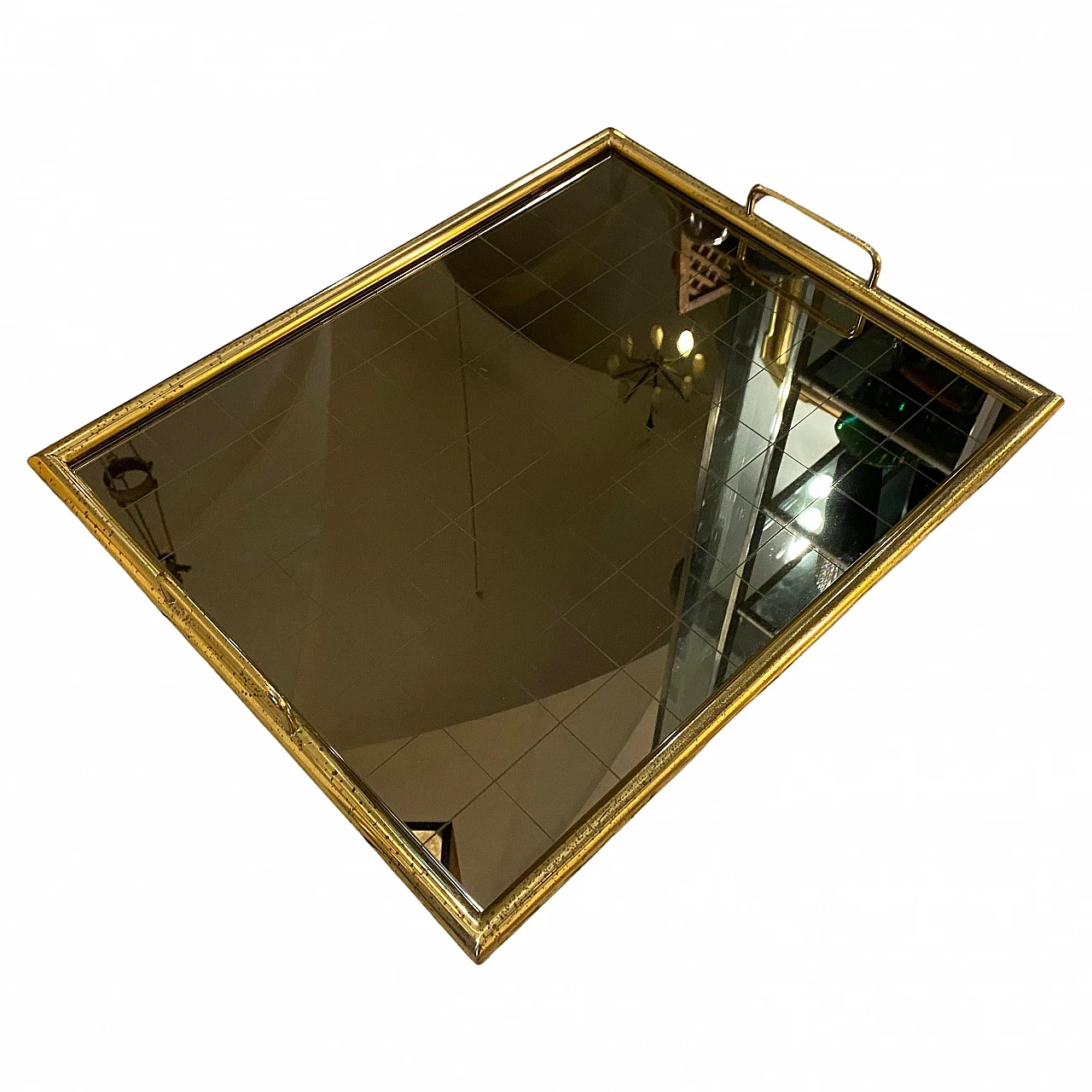 Brass and smoked glass tray in the style of Tommaso Barbi, 1970s 1