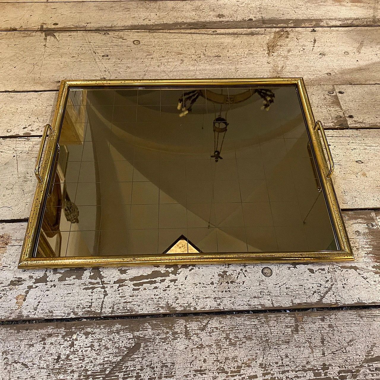 Brass and smoked glass tray in the style of Tommaso Barbi, 1970s 2