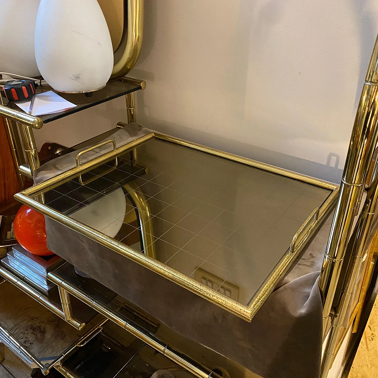 Brass and smoked glass tray in the style of Tommaso Barbi, 1970s 11