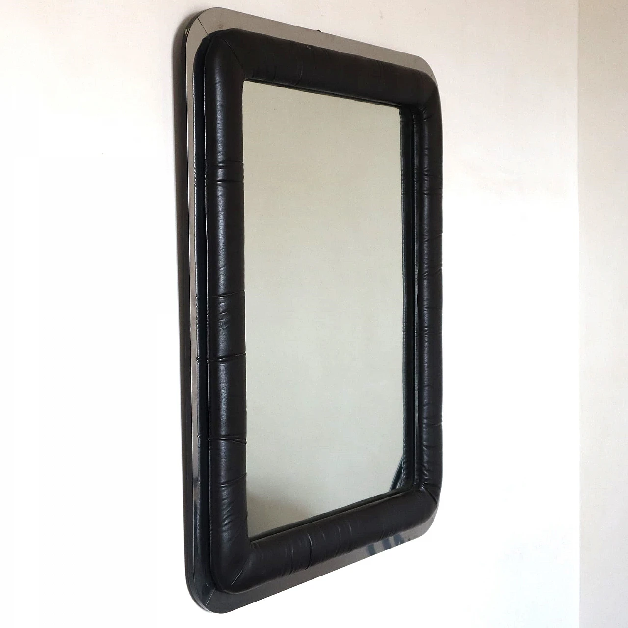 Rectangular mirror with black leather frame, 1970s 1