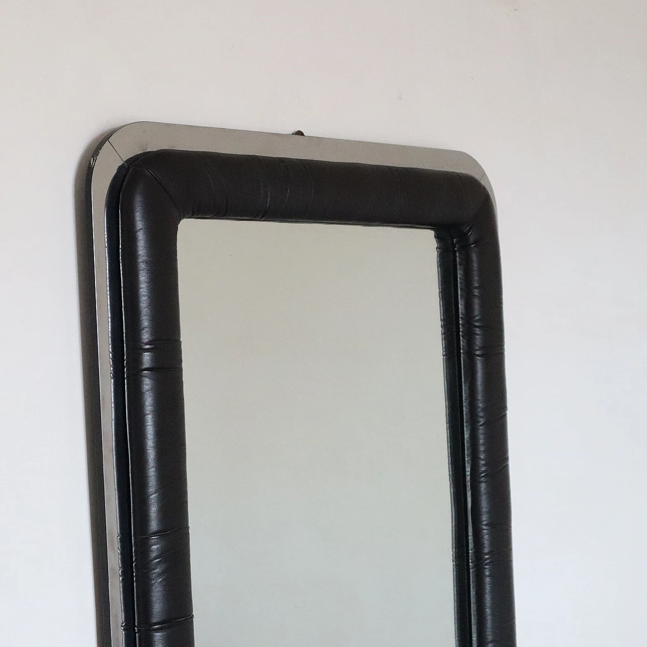 Rectangular mirror with black leather frame, 1970s 2