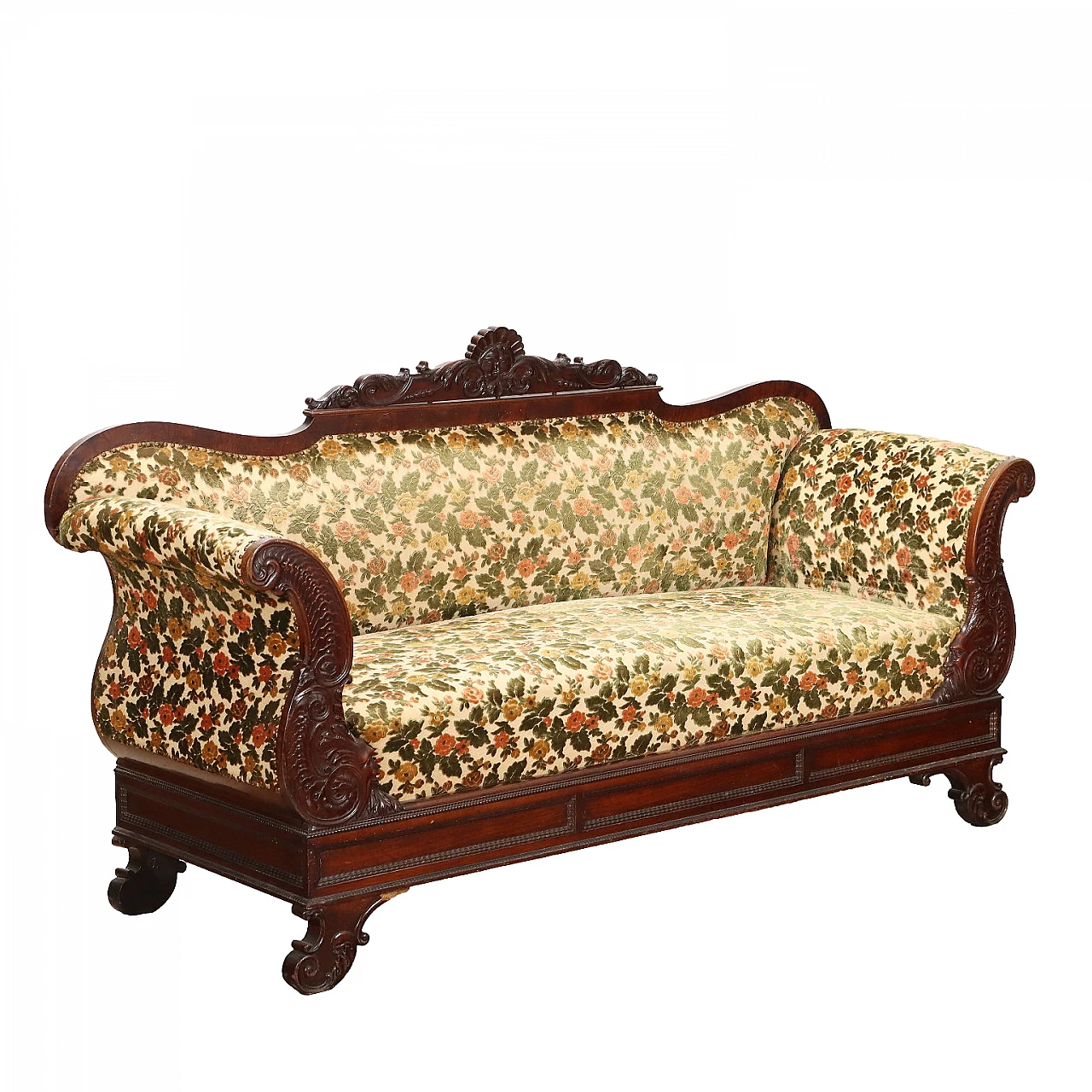 Mahogany sofa with carved leaf motifs and floral fabric, 19th century 1
