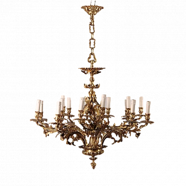 Gilded bronze 15-light chandelier with leaf elements