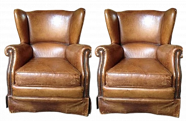 Pair of leather Club Oreille armchairs, 1940s