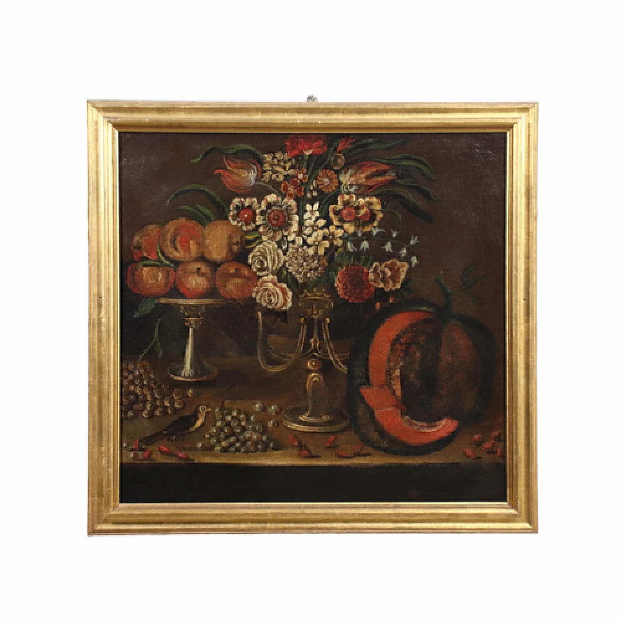 Still life with flowers & goldfinch, oil on canvas, 17th century 3