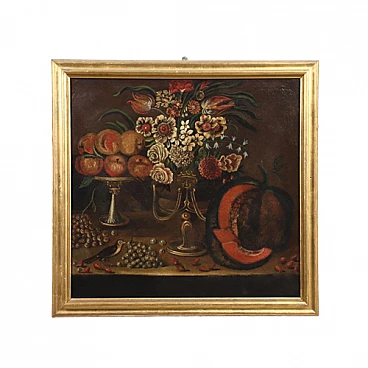 Still life with flowers & goldfinch, oil on canvas, 17th century