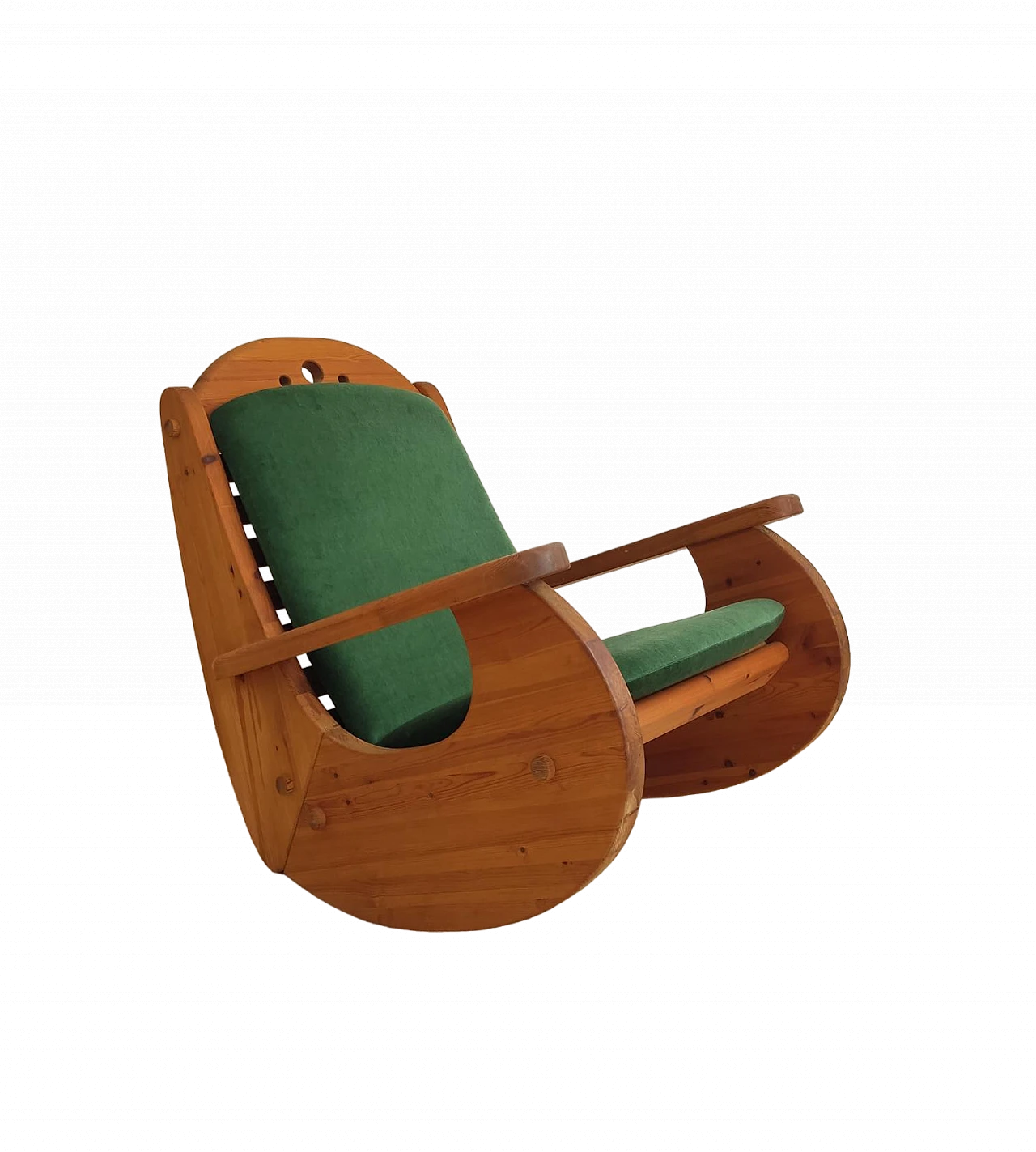 Scandinavian pine and green fabric rocking chair, 1970s 9