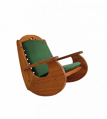 Scandinavian pine and green fabric rocking chair, 1970s