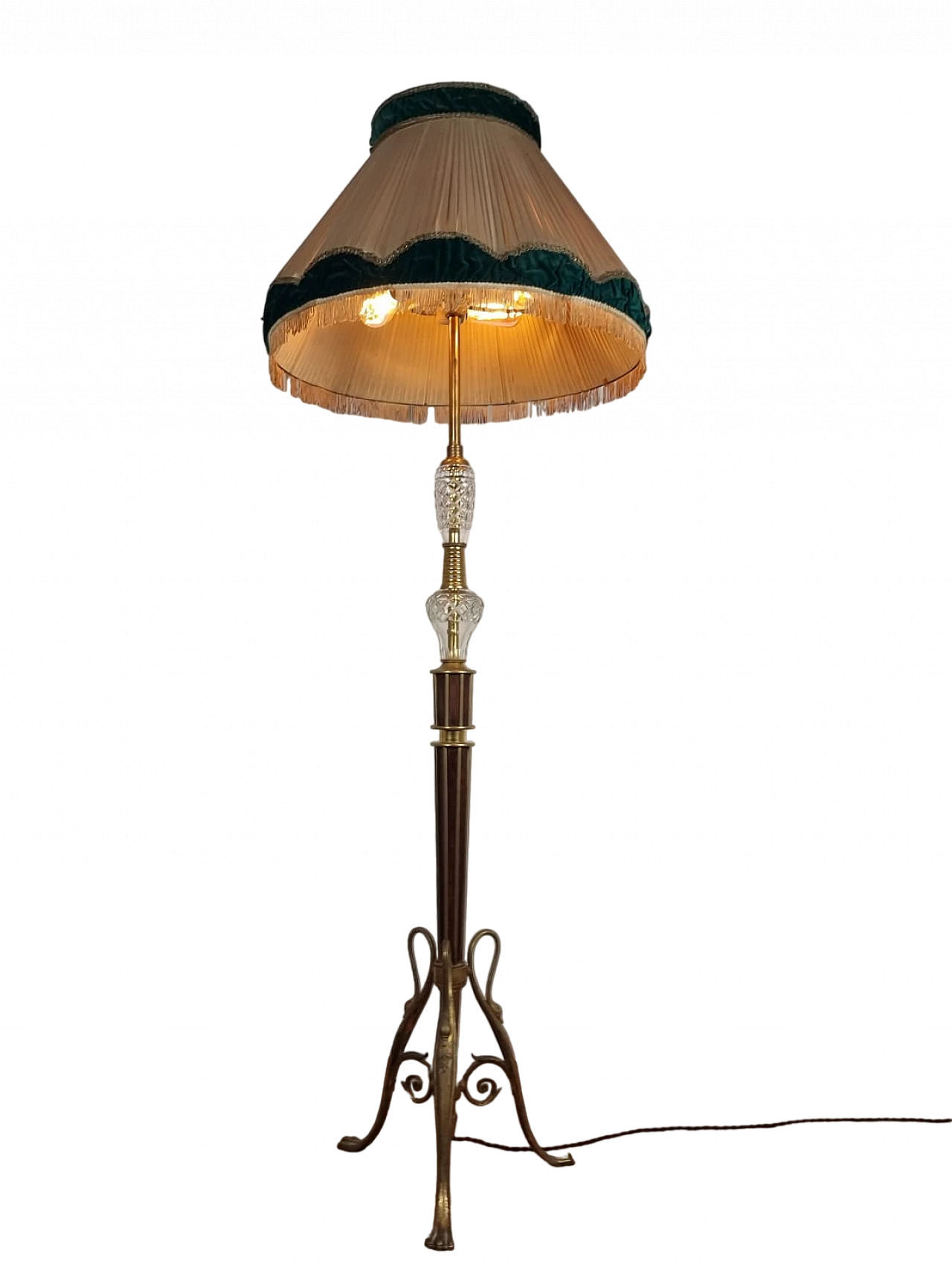 Floor lamp in brass, glass & fabric, 1940s 12