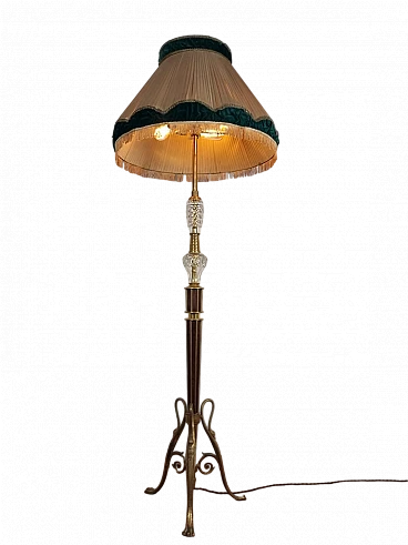 Floor lamp in brass, glass & fabric, 1940s