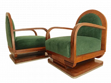 Pair of Art Deco wood and green fabric armchairs, 1930s