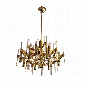 Brass & crystal chandelier by Gaetano Sciola, 1960s