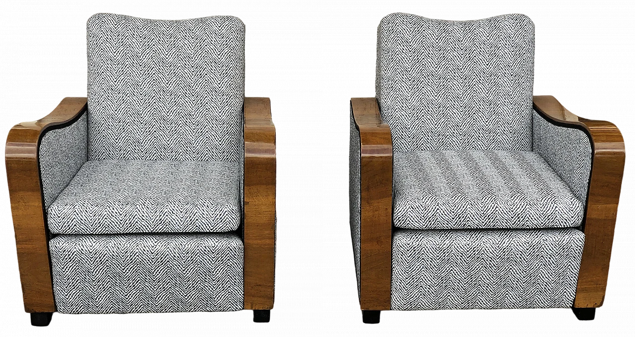 Pair of blond walnut armchairs with ebonized feet, 1940s 9