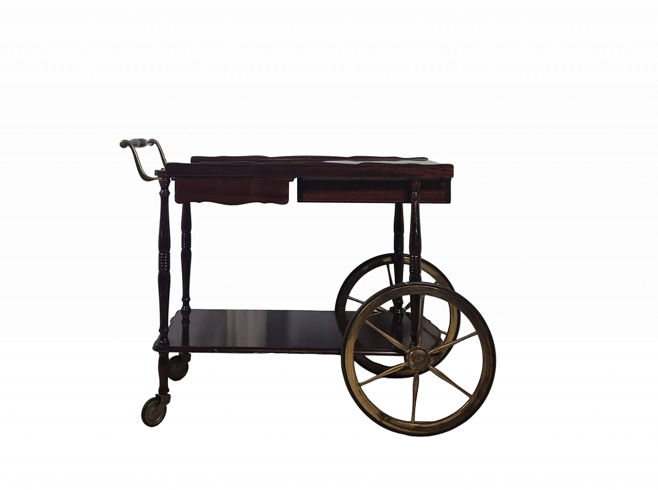 Carrello bar in mogano e ottone con piano allungabile, anni '50 15