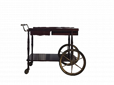 Carrello bar in mogano e ottone con piano allungabile, anni '50
