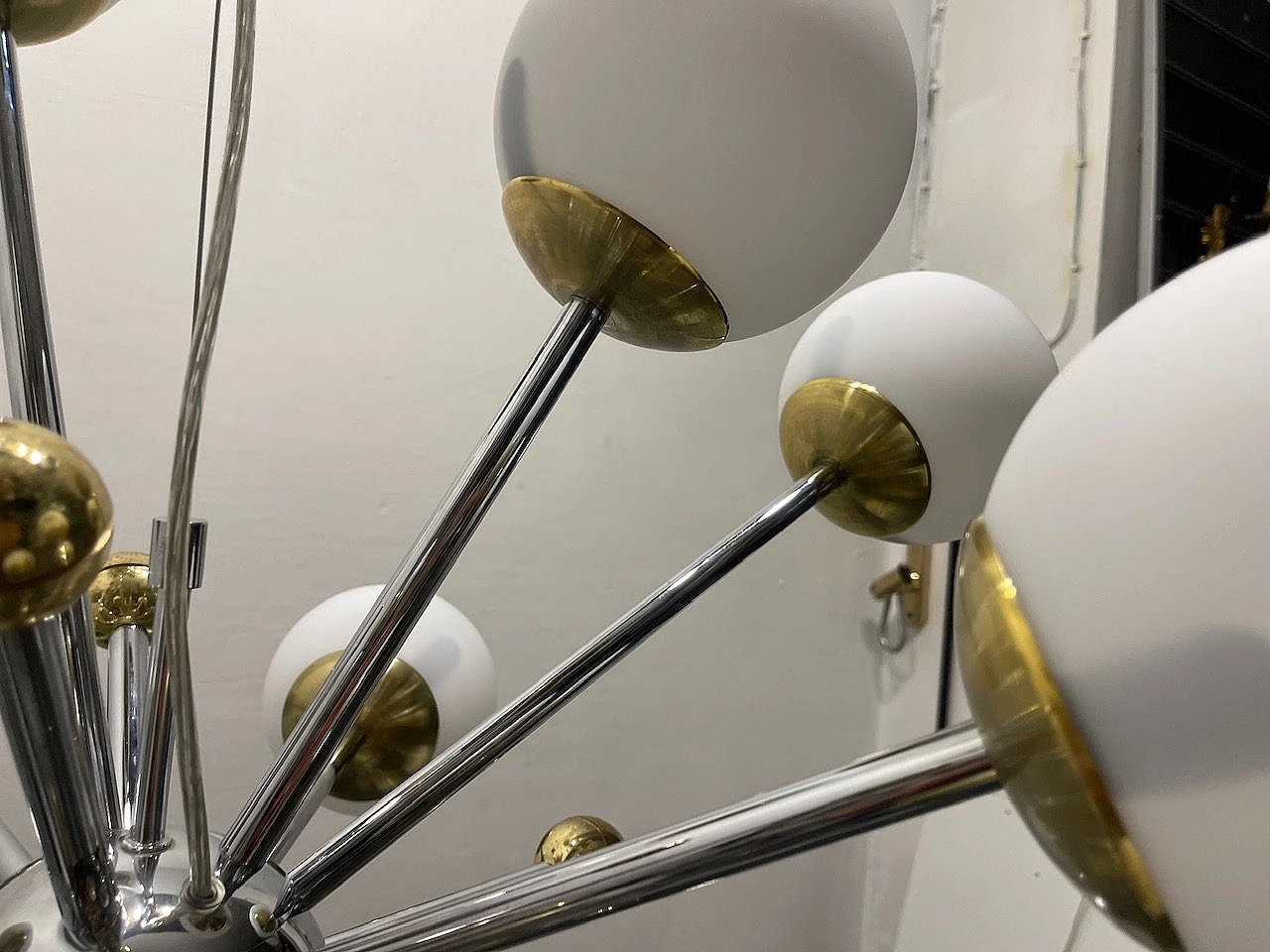 Brass and opaline glass Sputnik chandelier, 1990s 2