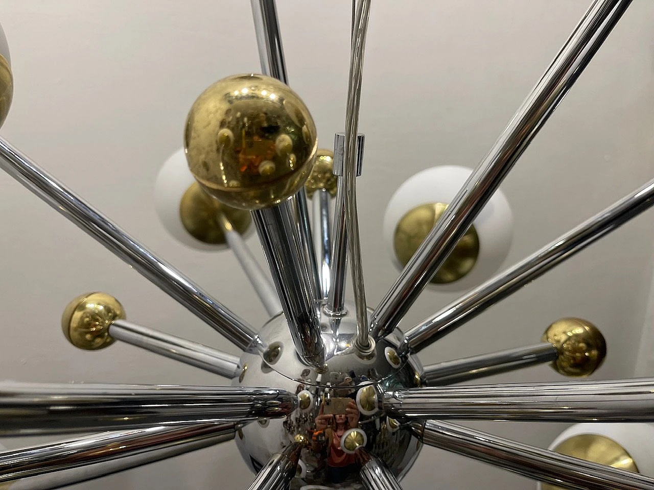 Brass and opaline glass Sputnik chandelier, 1990s 4