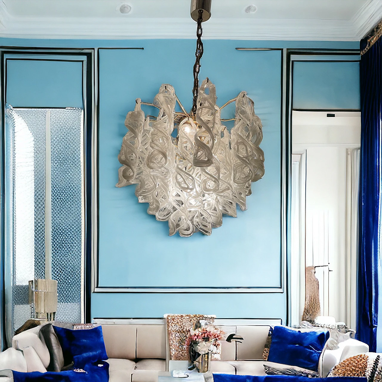 White Murano glass and brass chandelier by Mazzega, 1970s 4