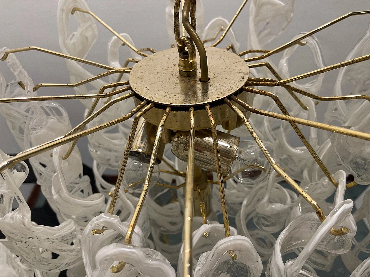 White Murano glass and brass chandelier by Mazzega, 1970s 6