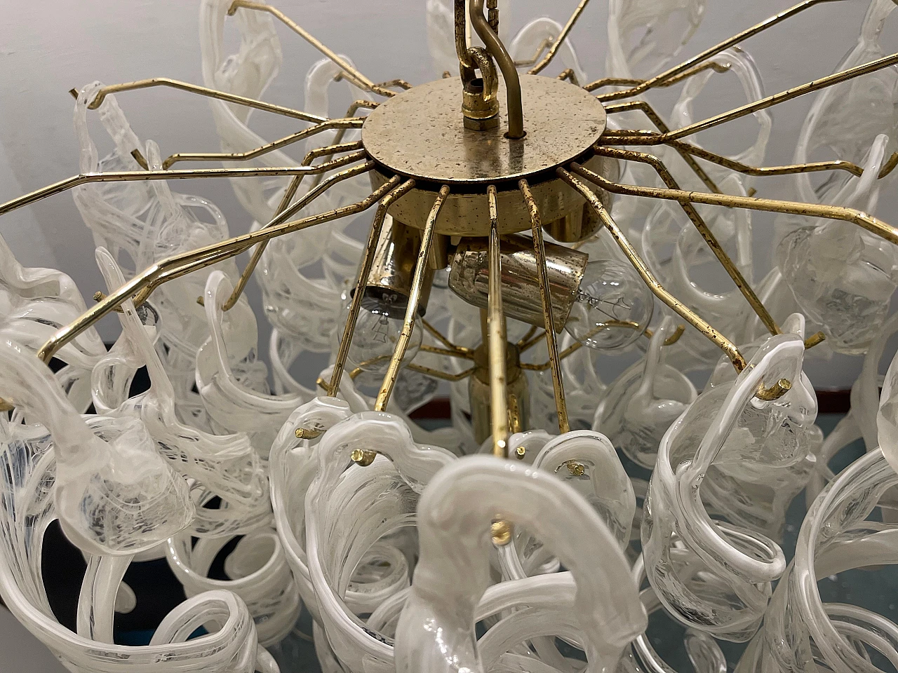 White Murano glass and brass chandelier by Mazzega, 1970s 7