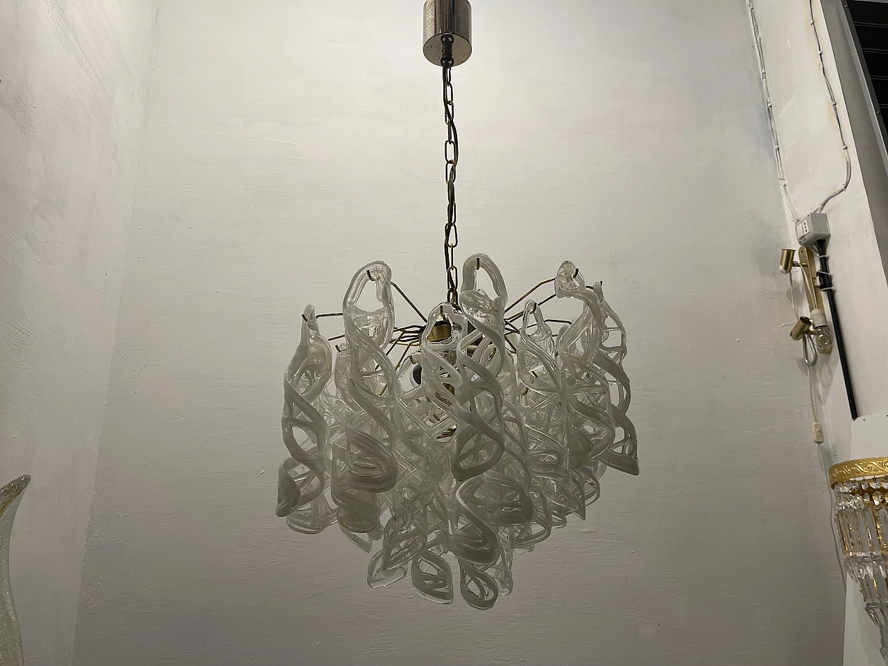 White Murano glass and brass chandelier by Mazzega, 1970s 8