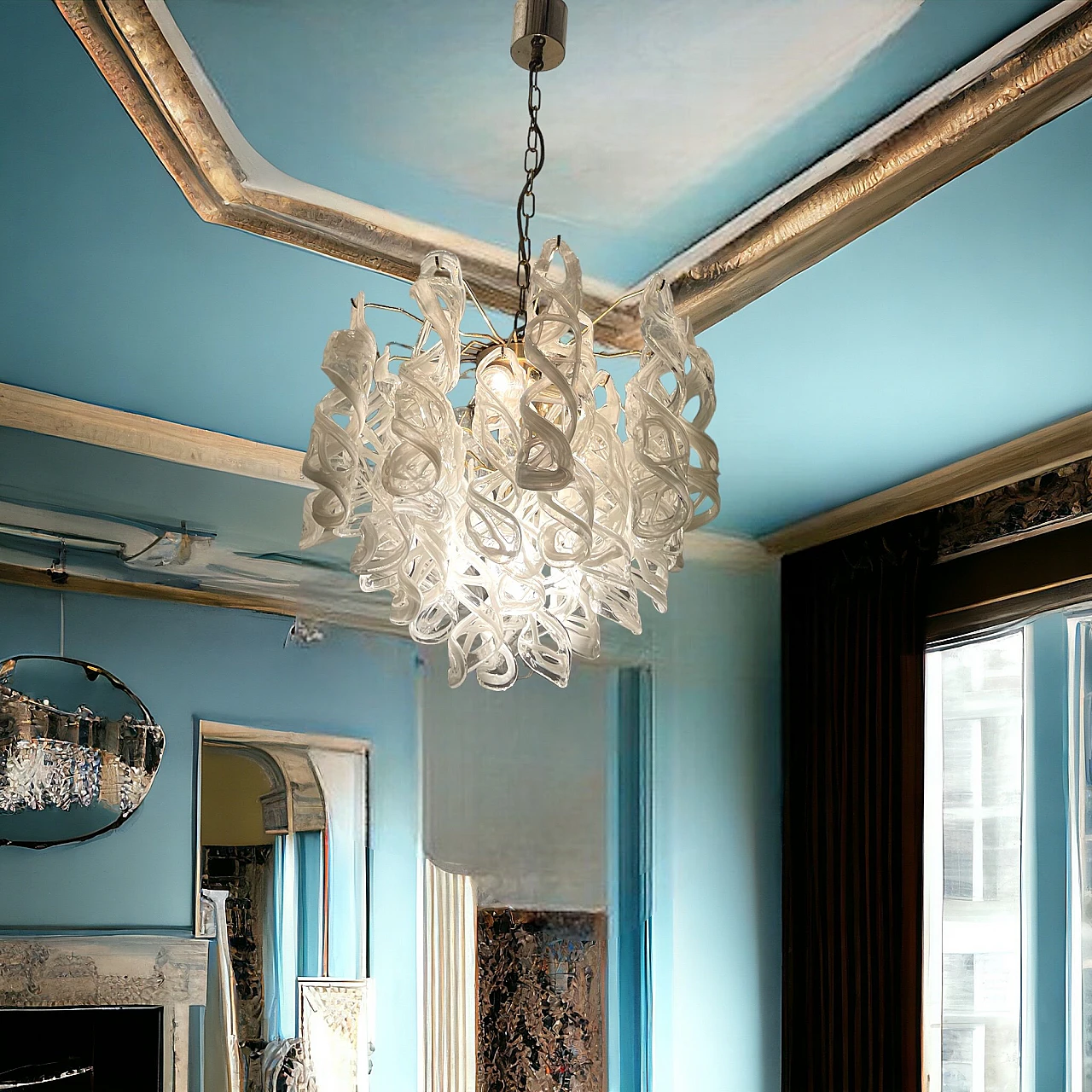 White Murano glass and brass chandelier by Mazzega, 1970s 9