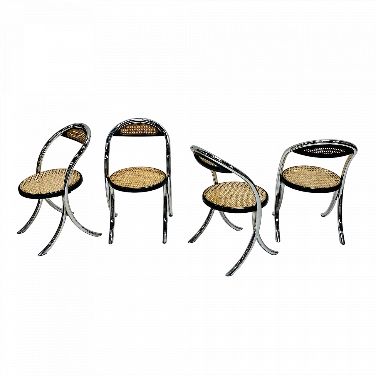 4 Chairs in chromed tubular metal with woven seats, 1980s 16