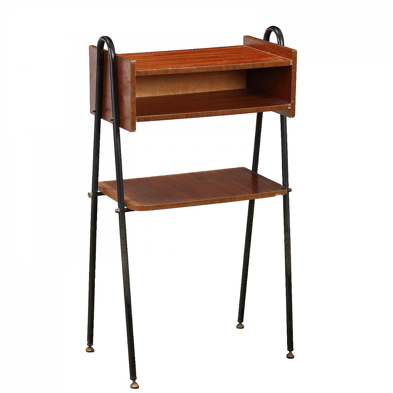 Comodino impiallicciato in mogano con vano a giorno, anni '60 1