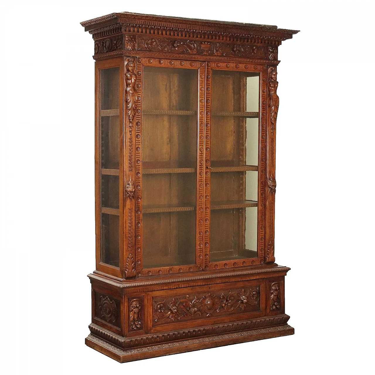Inlaid walnut showcase with glass doors and drawer, 19th century 1
