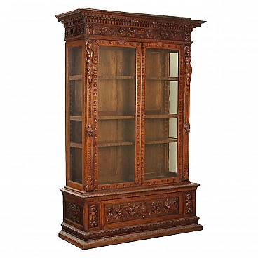 Inlaid walnut showcase with glass doors and drawer, 19th century