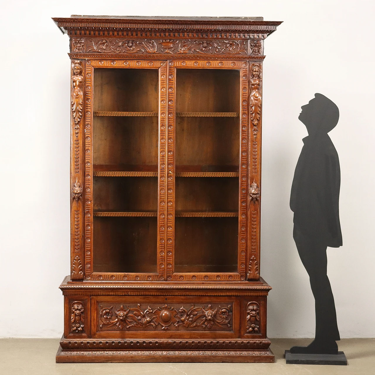 Inlaid walnut showcase with glass doors and drawer, 19th century 2