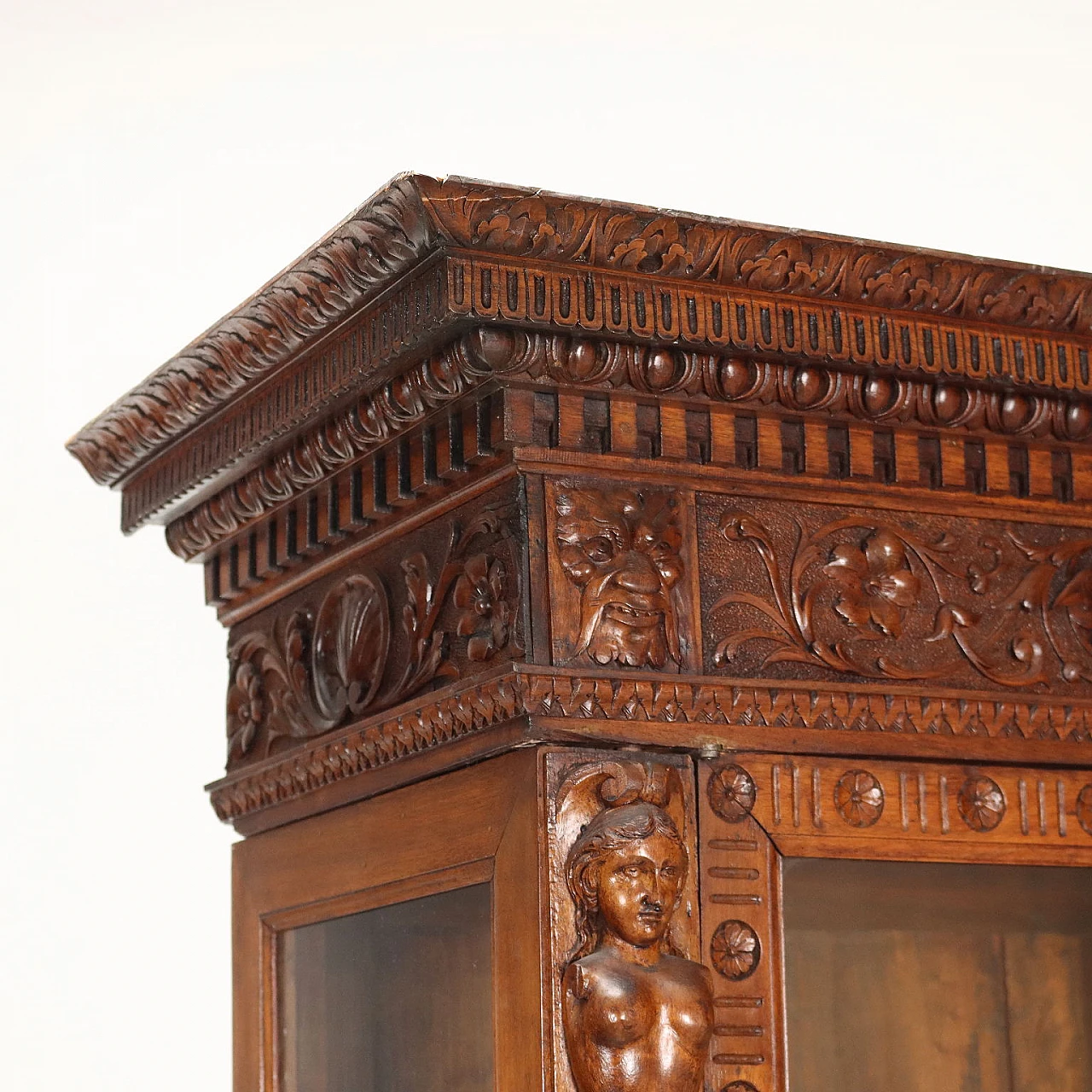 Inlaid walnut showcase with glass doors and drawer, 19th century 4