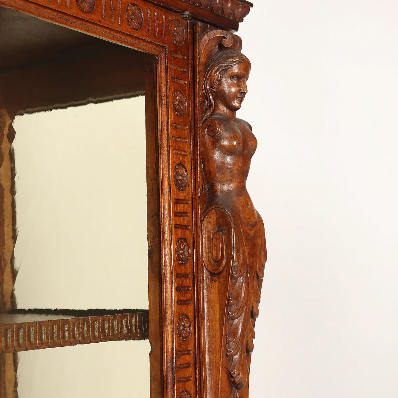 Inlaid walnut showcase with glass doors and drawer, 19th century 6