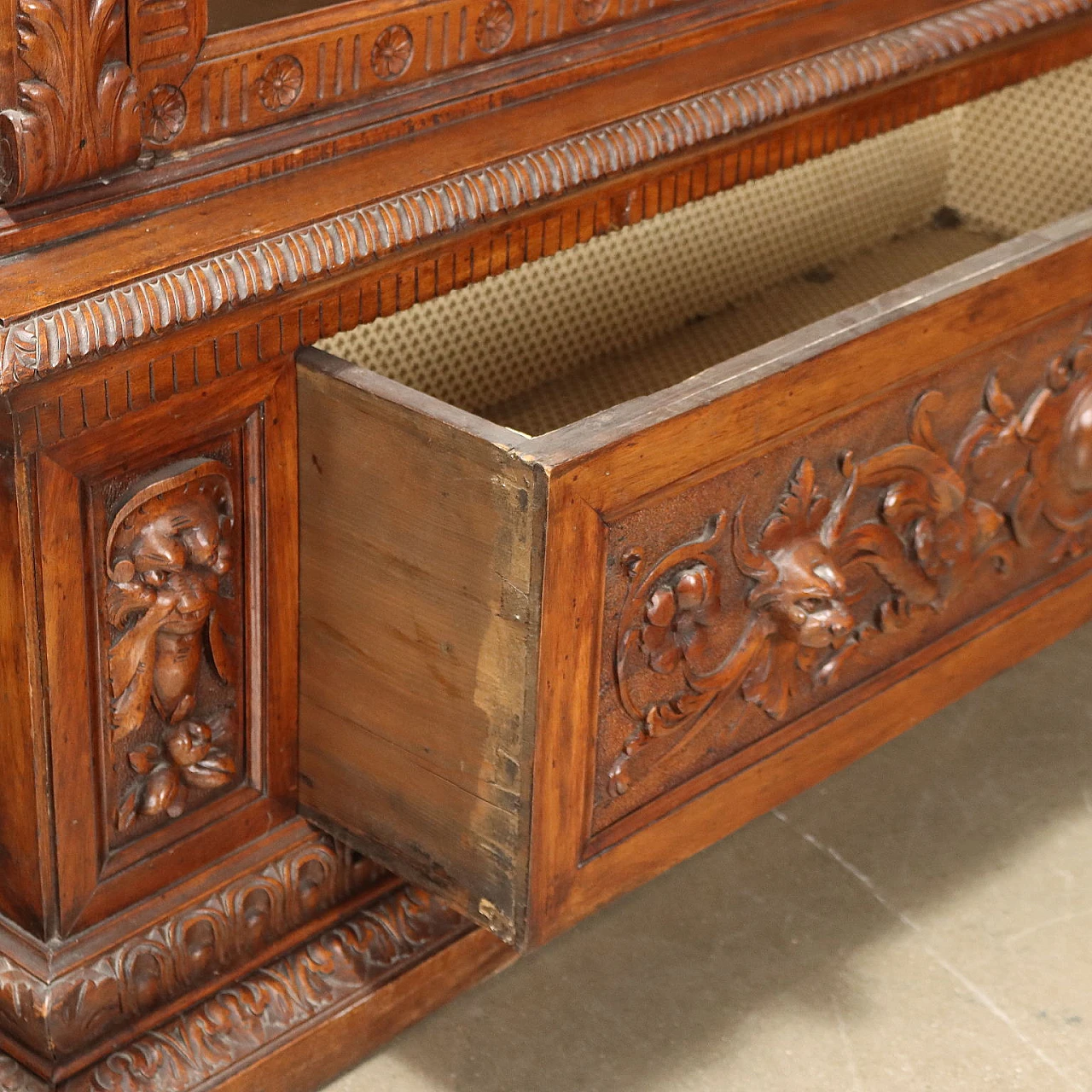 Inlaid walnut showcase with glass doors and drawer, 19th century 8
