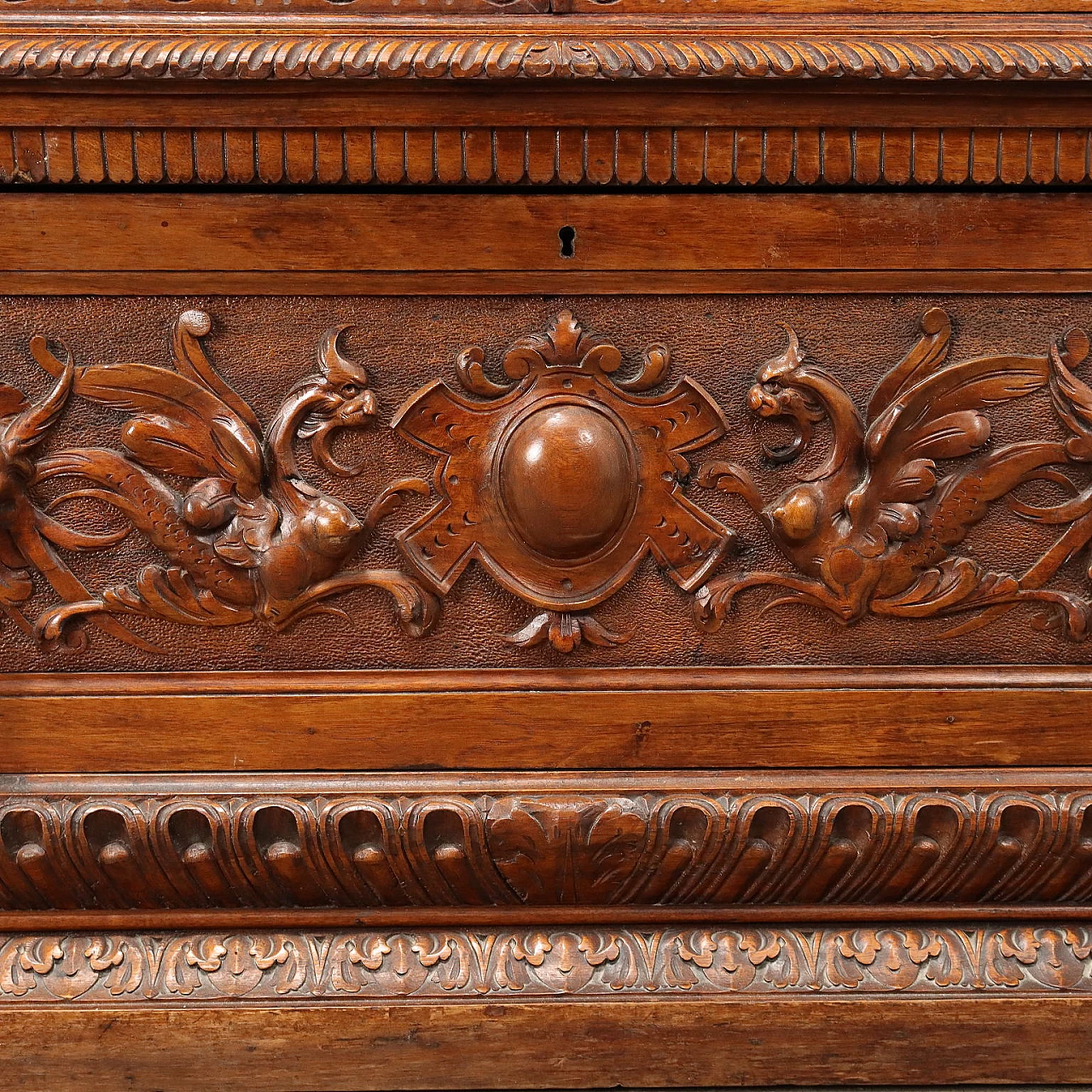 Inlaid walnut showcase with glass doors and drawer, 19th century 9