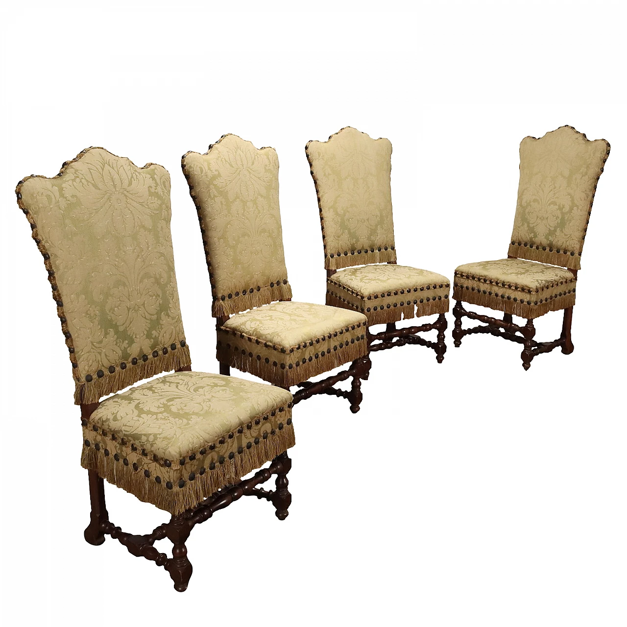 4 Wooden chairs with bobbin legs and brocade fabric, 19th century 1
