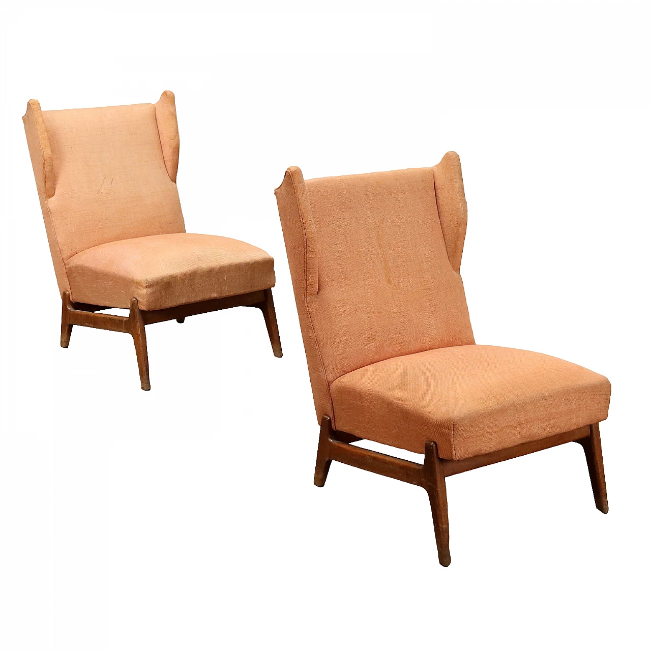 Pair of spring & wooden armchairs with pink fabric, 1950s 1