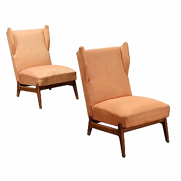 Pair of spring & wooden armchairs with pink fabric, 1950s