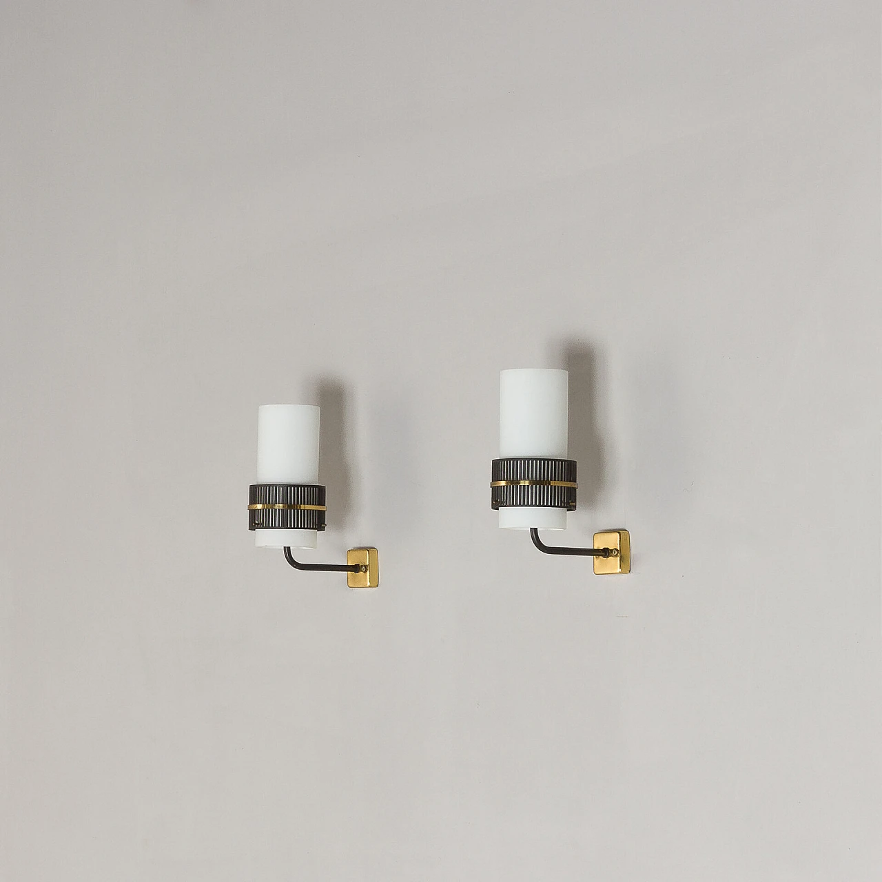 Pair of metal and glass wall lights attributed to Stilnovo, 1960s 1