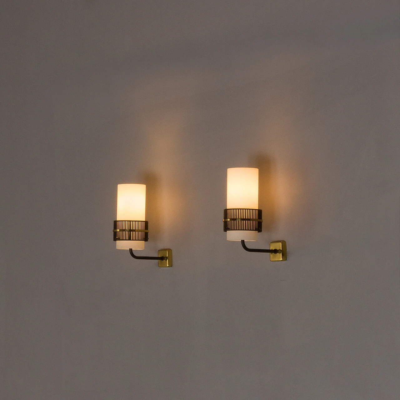 Pair of metal and glass wall lights attributed to Stilnovo, 1960s 4