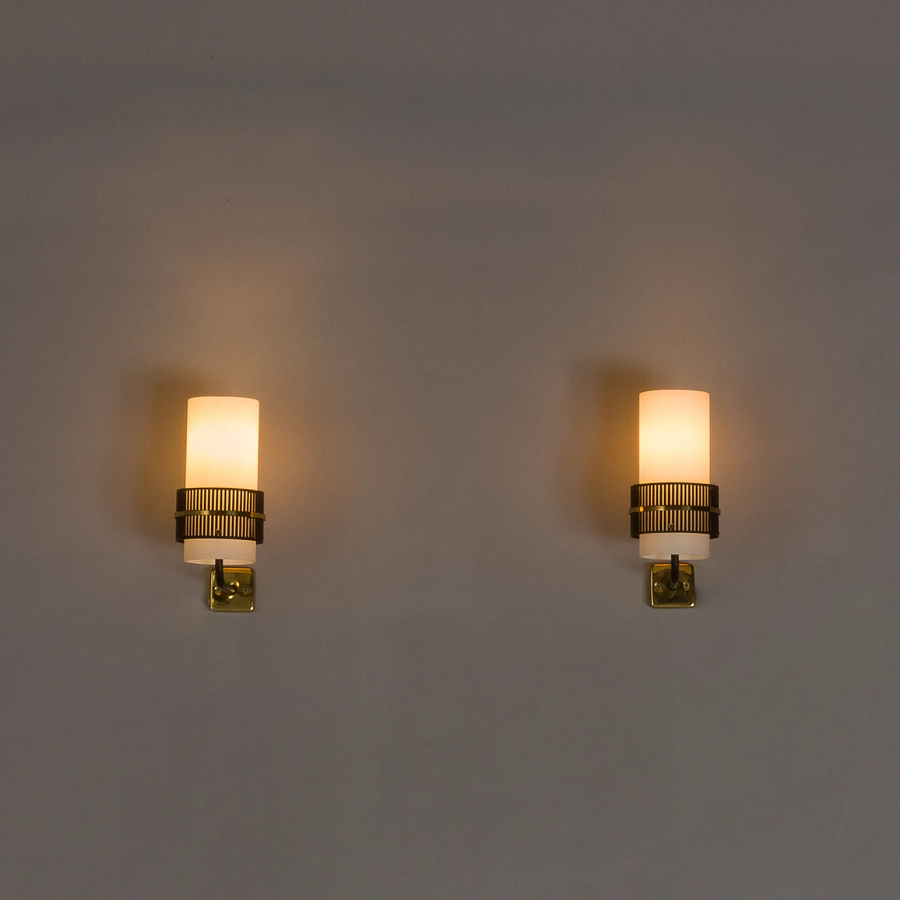 Pair of metal and glass wall lights attributed to Stilnovo, 1960s 5