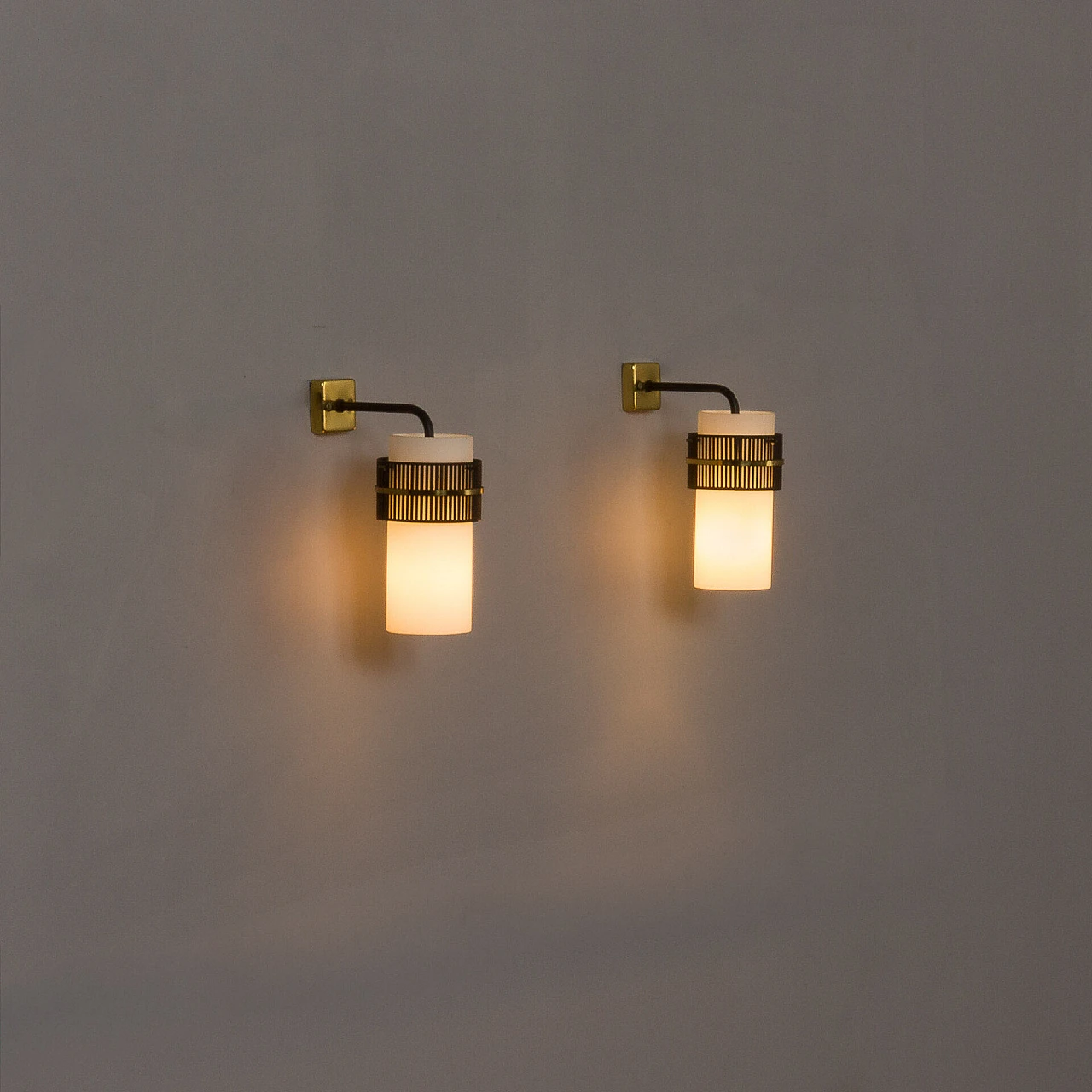Pair of metal and glass wall lights attributed to Stilnovo, 1960s 11