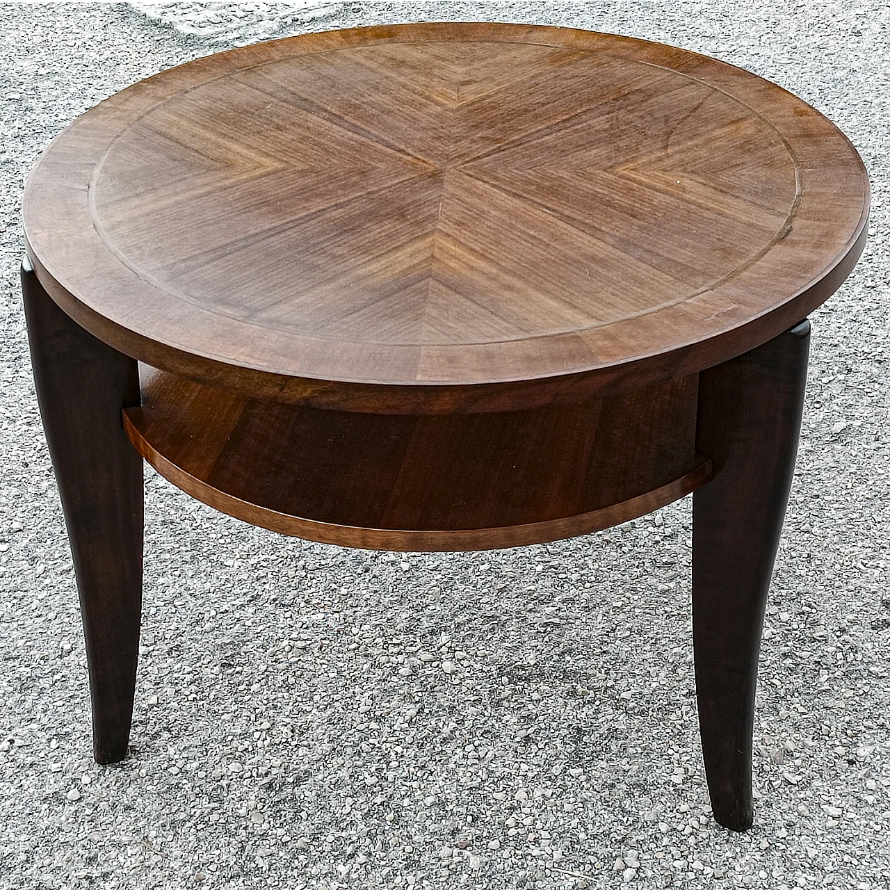 Tavolino rotondo in legno a due ripiani, anni '50 1
