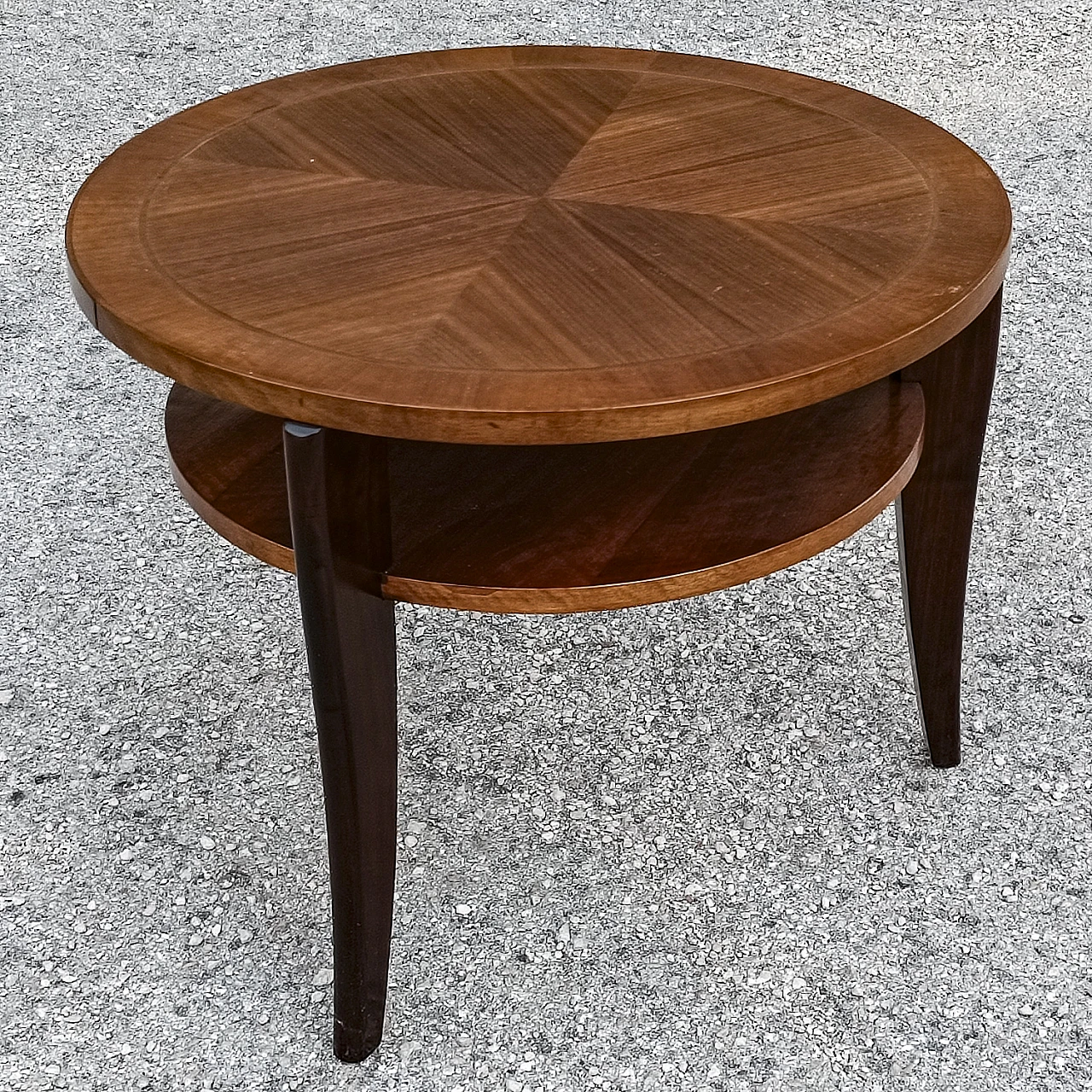 Tavolino rotondo in legno a due ripiani, anni '50 4